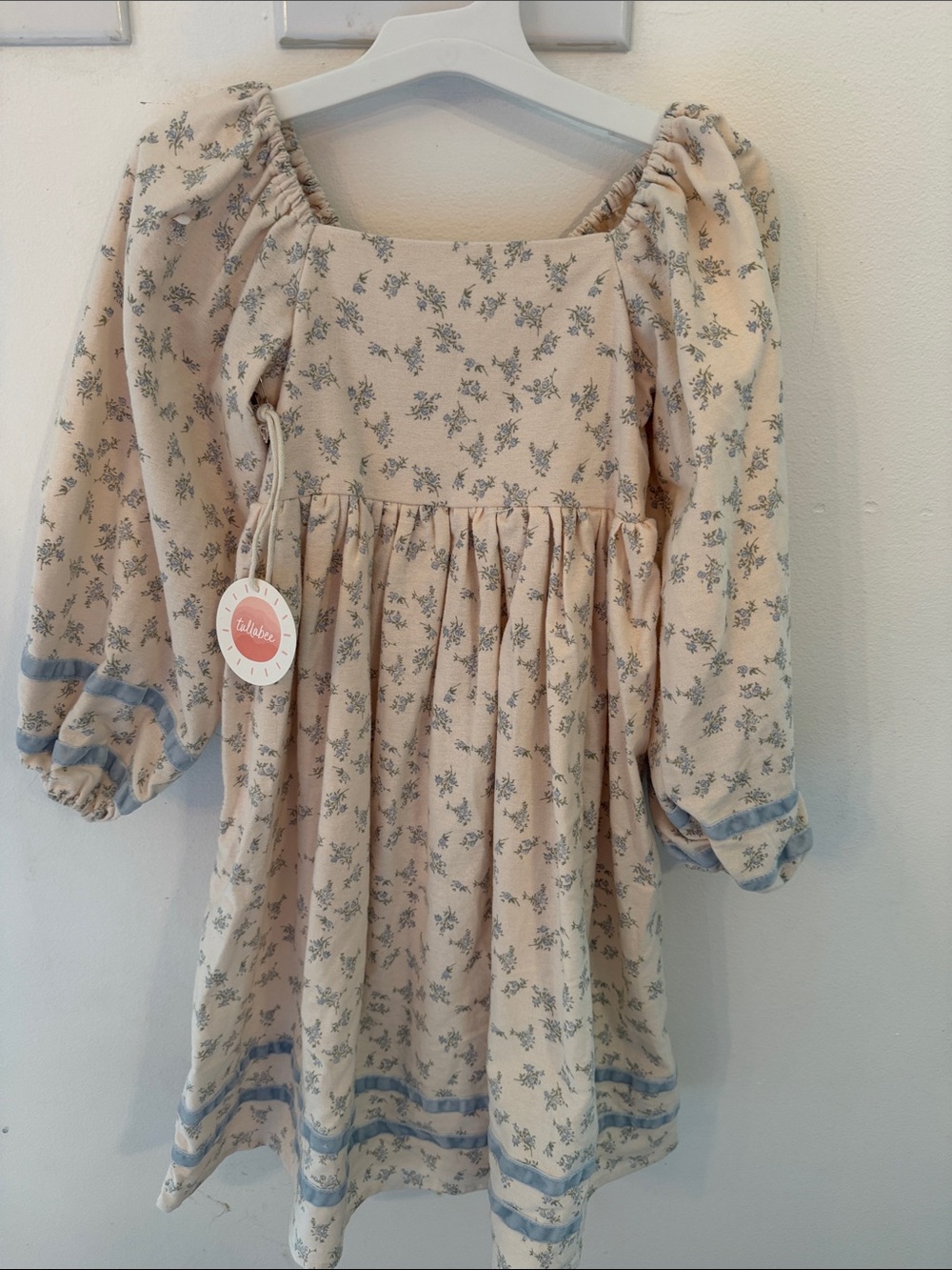 Unbranded Cream Floral Puff-Sleeve Kids Dress with Blue Trim